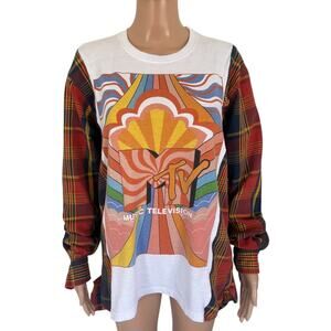 Upcycled MTV Flannel Patchwork Shirt Grunge Y2K Retro Plaid Top Ruffle Colorful